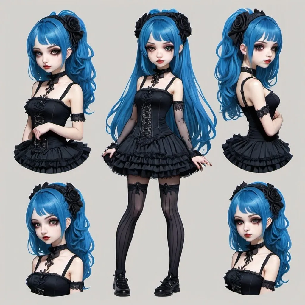 Prompt: Character design sheet gothic lolitam blue hair, spandex