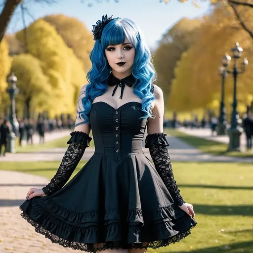 Prompt: Lolita goth with blue hair in dress posing outside in park, detailed background, full body view, wave gothic meeting, sunny day, professional, highres, detailed, gothic, detailed dress, blue hair, intricate background, outdoor, sunny, elaborate, wave gothic, full body, atmospheric lighting