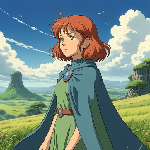 Prompt: Nausicaa in the Valley of the Wind, Studio Ghibli style, lush green landscape, post-apocalyptic, detailed and expressive facial features, flowing dress and cape, Ghibli animation, nature, environmentalism, strong winds, vibrant colors, high quality, hand-drawn, detailed environment, anime, nature lover, determined expression, beautiful sky, cinematic lighting