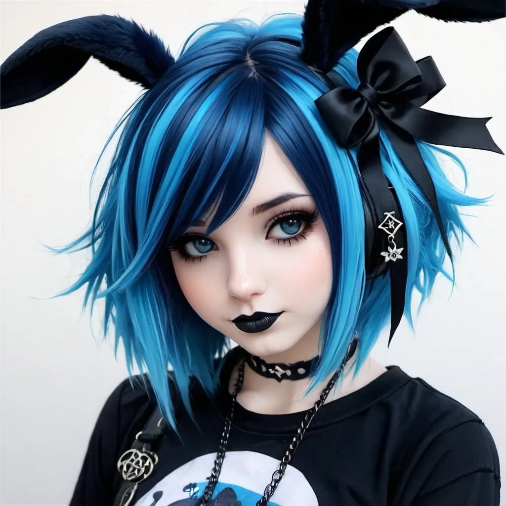 Emo goth bunny girl, blue hair, cute, realistic, det...