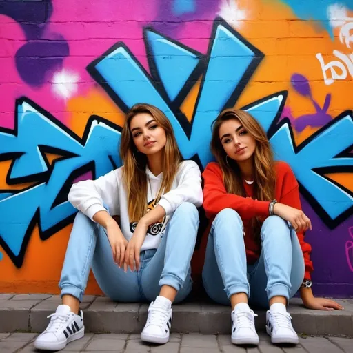 Prompt: 16-year-old chav girls at home, digital painting, colorful graffiti wall, relaxed atmosphere, high quality, urban art style, vibrant colors, natural lighting