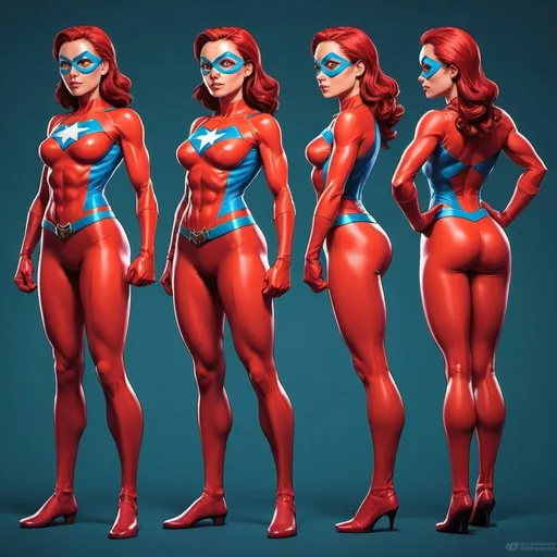 Prompt: Character design sheet of a fit spandex girl, superhero theme, comic book style, vibrant and bold colors, dynamic poses, detailed anatomy, high contrast shading, 4k resolution, superhero, spandex costume, dynamic poses, vibrant colors, comic book style, detailed anatomy, high contrast shading, professional, dynamic lighting