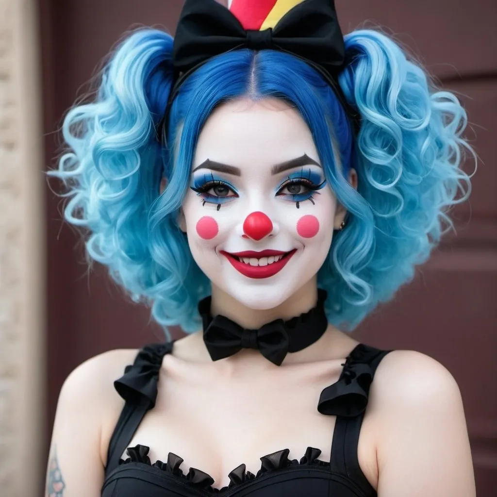 Prompt: Goth Lolita clown, smiling, blue hair, spandex bodysuit