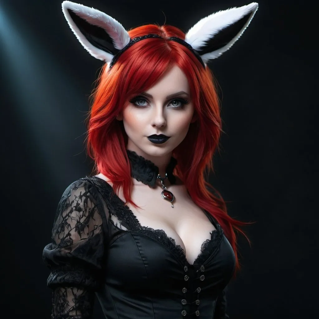 Prompt: Female goth bunny, fire red hair, full body view, posing, realistic, 4k, detailed, gothic style, dark background, intense and moody lighting, detailed eyes, realistic fur texture, professional, high quality