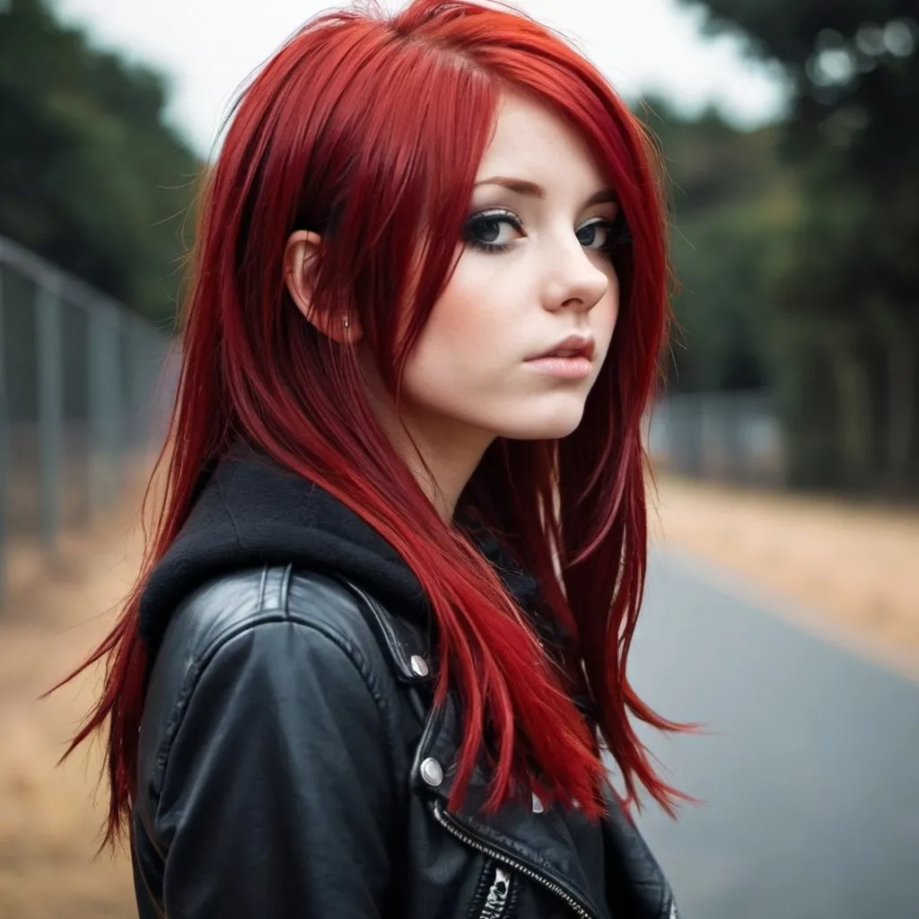 Prompt: alternative scene girl, shiny red hair