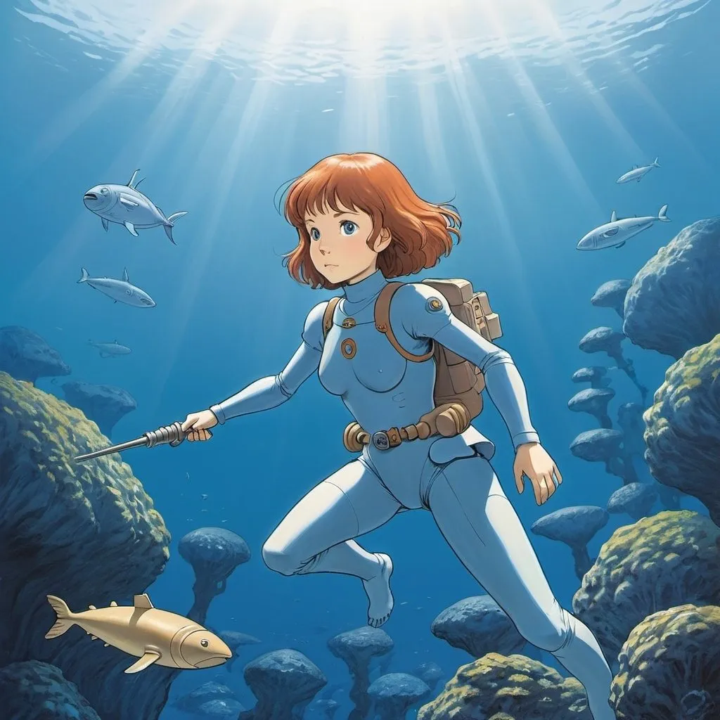 Prompt: Range Murata inspired illustration of nausicaa, style of blue submarine no. 6 