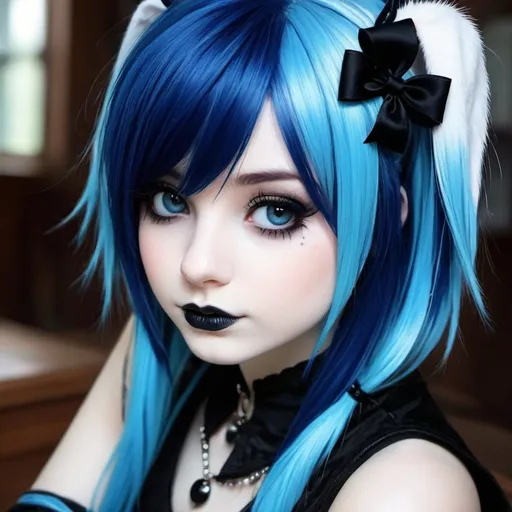 Prompt: Emo goth bunny girl, blue hair, cute, realistic, detailed