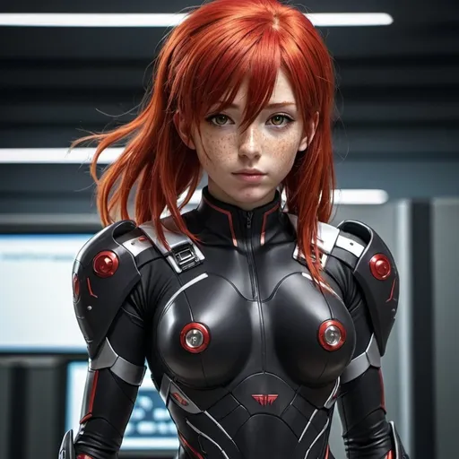 Prompt: Girl, red hair, freckles, cyber commander, spandex, uniform, full body view
