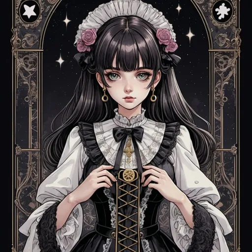 Prompt: tarot card Anime illustration, a gothic lolita, detailed ornate cloth robe, dramatic lighting