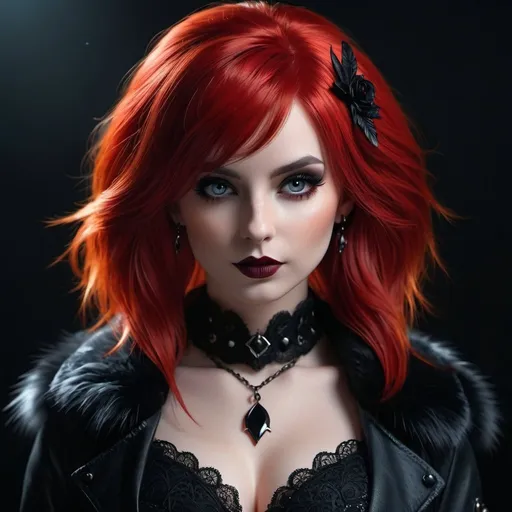 Prompt: Female goth bunny, fire red hair, full body view, posing, realistic, 4k, detailed, gothic style, dark background, intense and moody lighting, detailed eyes, realistic fur texture, professional, high quality