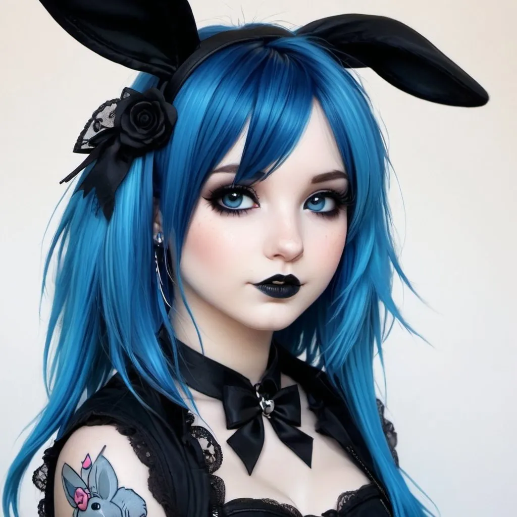 Prompt: Emo goth bunny girl, blue hair, cute, realistic, detailed