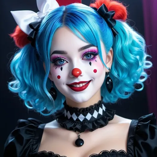 Prompt: Goth Lolita clown, smiling, blue hair, spandex bodysuit, detailed makeup, high contrast, vibrant colors, anime-style illustration, gothic, lolita, vibrant blue tones, professional, atmospheric lighting