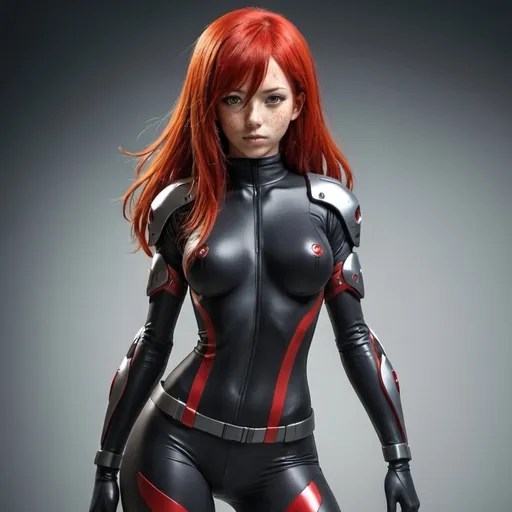 Prompt: Girl, red hair, freckles, cyber commander, spandex, commander uniform, full body view