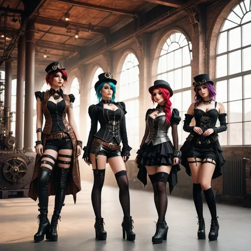 Prompt: Group alternative scene emo girls, steampunk clothes, industral building, posing, realistic, detailed, 4k