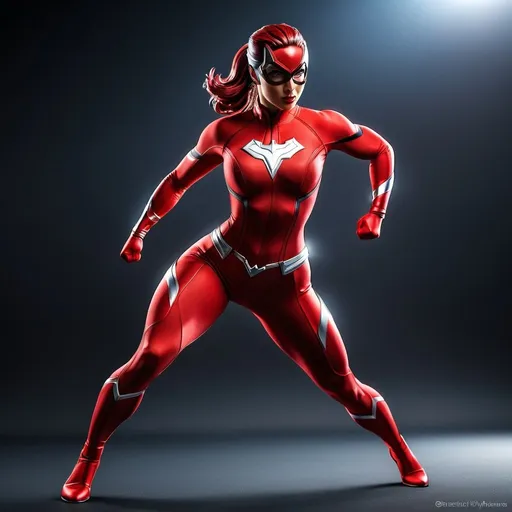 Prompt: Realistic full body view of a heroine figure in red spandex, attractive and dynamic pose, detailed musculature and realistic textures, vibrant red color tones, high-quality realistic rendering, dynamic lighting, professional superhero design, spandex material, professional, vibrant red, dynamic pose, detailed musculature, high quality, realistic, dynamic lighting