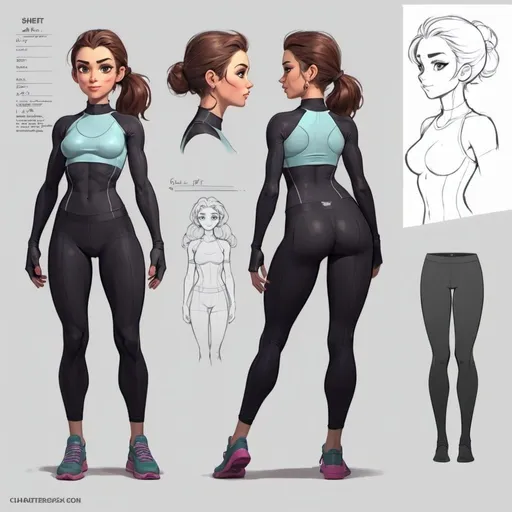 Prompt: Character design sheet fit spandex girl