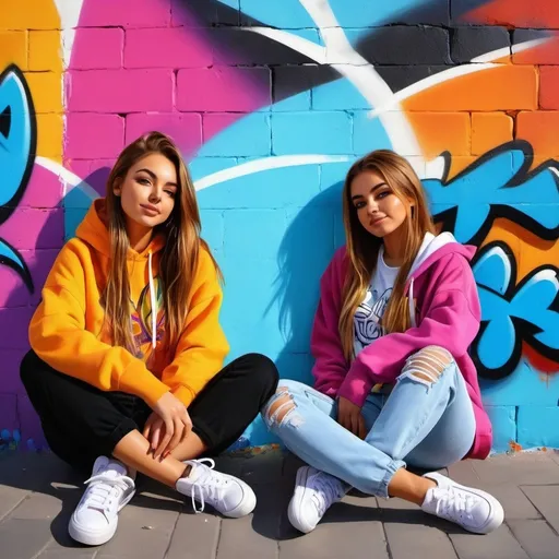 Prompt: 16-year-old chav girls at home, digital painting, colorful graffiti wall, relaxed atmosphere, high quality, urban art style, vibrant colors, natural lighting