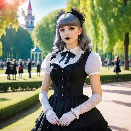 Prompt: Lolita goth in dress, colorful, outside in park, sunny day, wave gothic meeting, detailed background