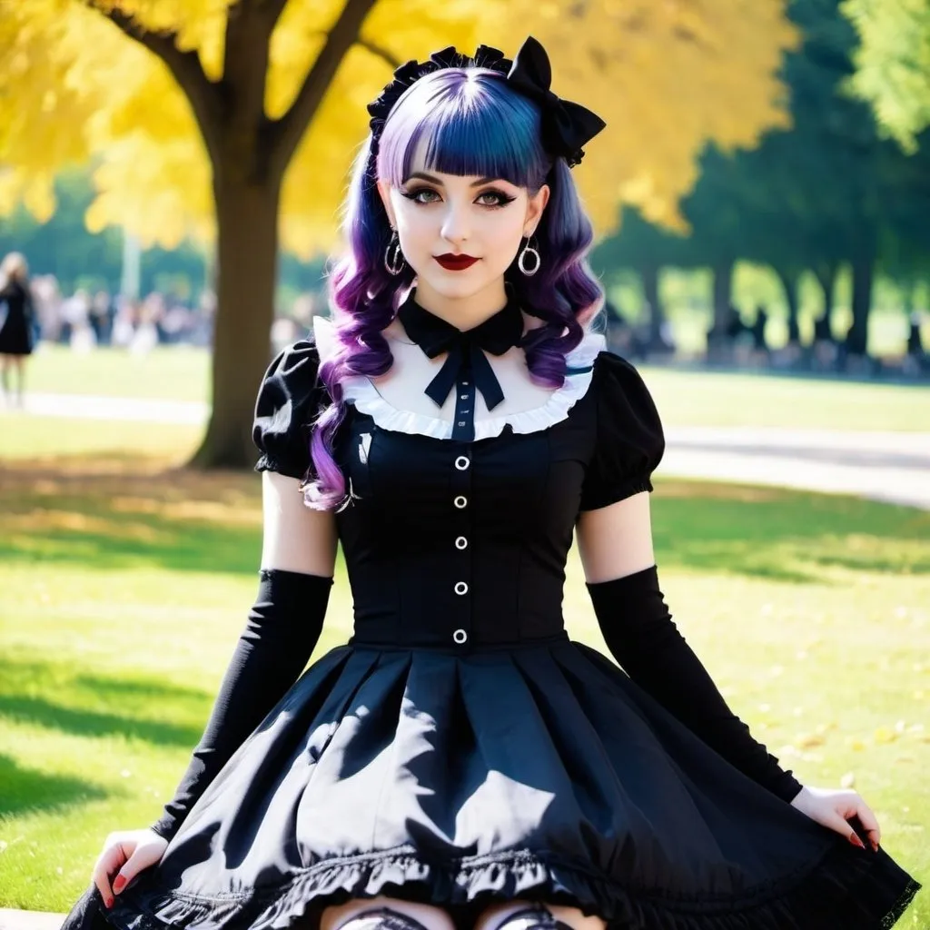 Prompt: Lolita goth in dress, colorful, outside in park, sunny day, wave gothic meeting