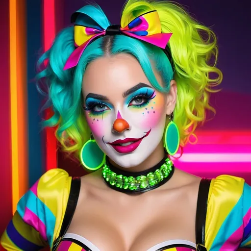 Prompt: Female chav clown, garter belt, colorful spandex clothes, high energy, vibrant colors, detailed makeup, pop art style, neon lighting, high quality, pop art, vibrant, energetic, detailed makeup, spandex, garter belt, neon lighting, colorful