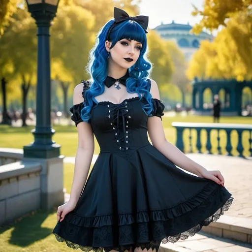 Prompt: Lolita goth with blue hair in dress posing outside in park, detailed background, full body view, wave gothic meeting, sunny day, professional, highres, detailed, gothic, detailed dress, blue hair, intricate background, outdoor, sunny, elaborate, wave gothic, full body, atmospheric lighting