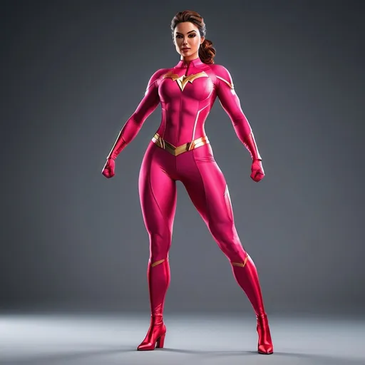 Prompt: Realistic full body view of a heroine figure in pink spandex, attractive and dynamic pose, detailed musculature and realistic textures, vibrant red color tones, high-quality realistic rendering, dynamic lighting, professional superhero design, spandex material, professional, vibrant red, dynamic pose, detailed musculature, high quality, realistic, dynamic lighting