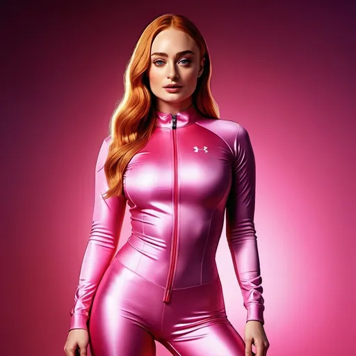 Prompt: Realistic full-body illustration of Sophie Turner, vibrant colors, cinematic lighting, detailed fabric texture, pink spandex, high quality, detailed anatomy, red lighting, natural beauty, professional, actress, realistic, detailed, vibrant, spandex, cinematic lighting, full-body, professional quality