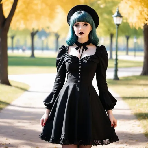 Prompt: Lolita goth in dress, outside in park, sunny day, posing, wave gothic meeting, detailed background, full body view
