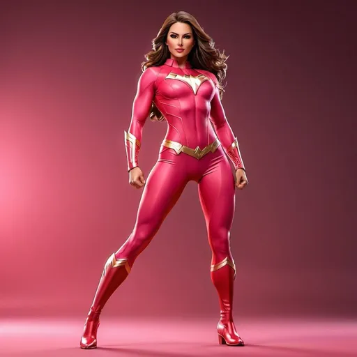 Prompt: Realistic full body view of a heroine figure in pink spandex, attractive and dynamic pose, detailed musculature and realistic textures, vibrant red color tones, high-quality realistic rendering, dynamic lighting, professional superhero design, spandex material, professional, vibrant red, dynamic pose, detailed musculature, high quality, realistic, dynamic lighting