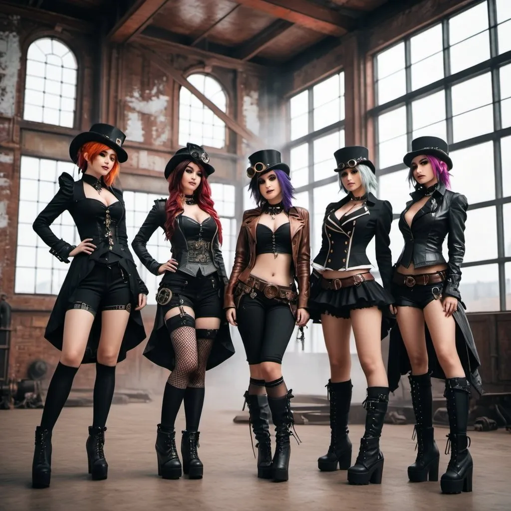 Prompt: Group alternative scene emo girls, steampunk clothes, industral building, posing, realistic, detailed, 4k