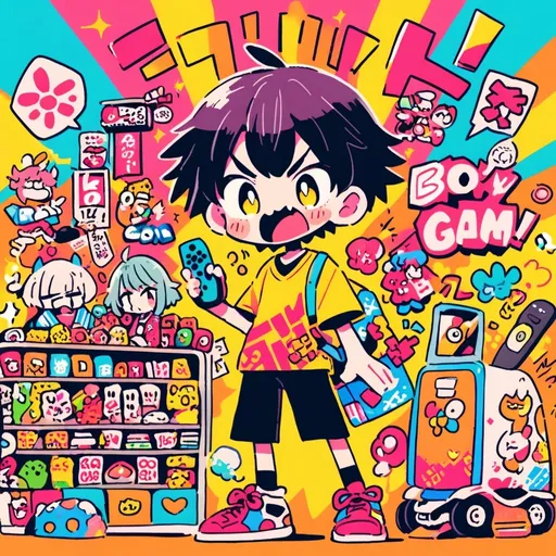 Prompt: German boy buying all cheap video games in Japanese game shop, angry Japanese people, manga-style illustration, vibrant and colorful, comedic expressions, detailed shop interior, anime, manga, vibrant colors, detailed characters, comedic, highres, energetic lighting