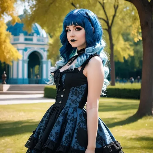 Prompt: Lolita goth with blue hair in dress posing outside in park, sunny day, wave gothic meeting, detailed background, full body view