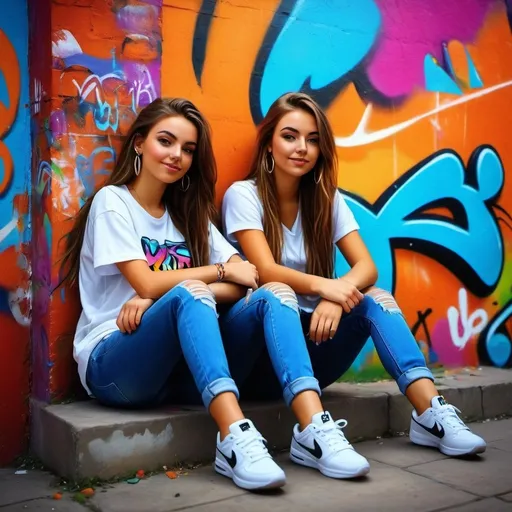 Prompt: 16-year-old chav girls at home, digital painting, colorful graffiti wall, relaxed atmosphere, high quality, urban art style, vibrant colors, natural lighting