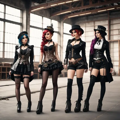 Prompt: Group alternative scene emo girls, steampunk clothes, industral building, posing, realistic, detailed, 4k