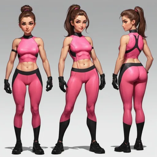 Prompt: Character design sheet fit spandex girl