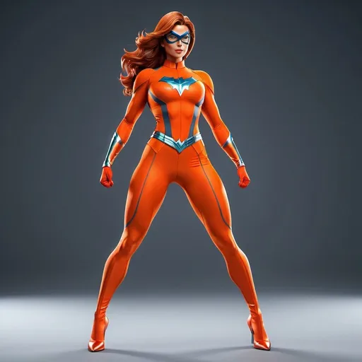 Prompt: Realistic full body view of a heroine figure in orange spandex, attractive and dynamic pose, detailed musculature and realistic textures, vibrant red color tones, high-quality realistic rendering, dynamic lighting, professional superhero design, spandex material, professional, vibrant red, dynamic pose, detailed musculature, high quality, realistic, dynamic lighting