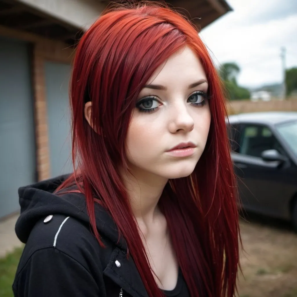 Prompt: alternative scene girl, shiny red hair