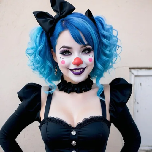 Prompt: Goth Lolita clown, smiling, blue hair, spandex bodysuit