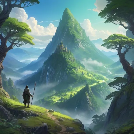 Prompt: Shinen, lone wanderer, fantasy world, highres, detailed landscape, fantasy style, majestic mountains, lush forests, magical creatures, ethereal lighting