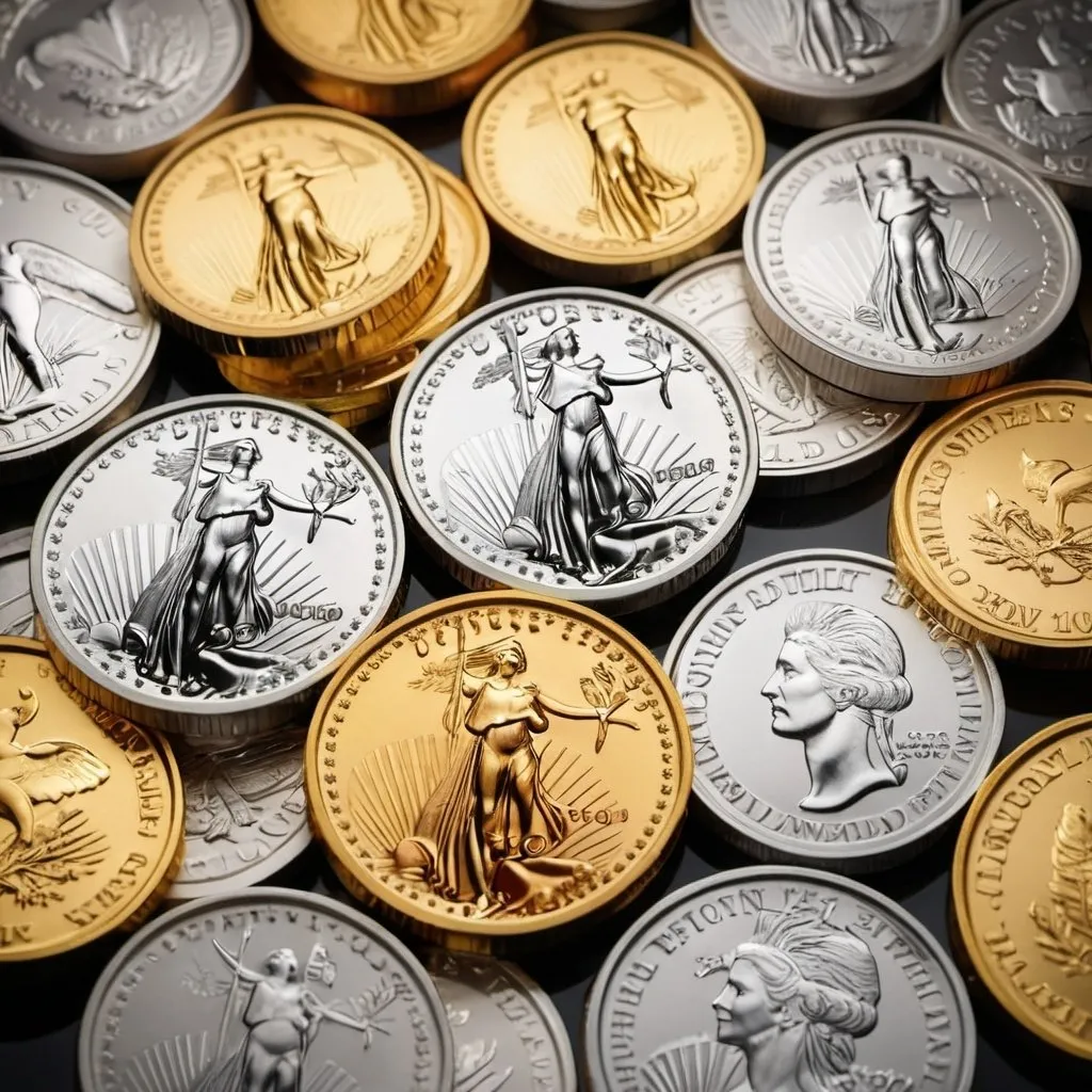 Prompt: Realistic photo of gold and silver bullion coins, high quality, detailed, realistic, professional, gold and silver, bullion, precious metals, shining, reflective surfaces, rich textures, intricate details, monetary value, investment, luxury, professional lighting, crisp focus