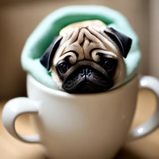 Prompt: pug in a mug that is as snug as a bug in a rug