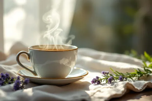 Prompt: a hyperrealistic close-up of a handcrafted ceramic teacup with wisps of herbal steam rising, placed on a textured linen cloth beside a bundle of fresh lavender and rosemary, sunbeams casting soft shadows through a sheer white curtain, background softly blurred with subtle ambient reflections, tranquil and organic mood, high-detail surface textures, cinematic soft natural light, pastel-toned color palette, shallow depth of field