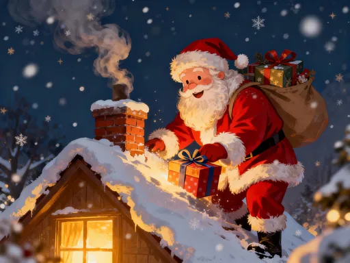 Prompt: Santa Claus smiling as he delivers gifts down a chimney on a snowy evening.