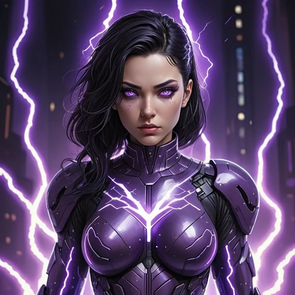 Prompt: Anime cyberpunk style,  regal woman who is a mix of Darkseid and Super Girl with black hair and pale purple eyes highly detailed, HD, purple and black cyber suit with purple lightning background.