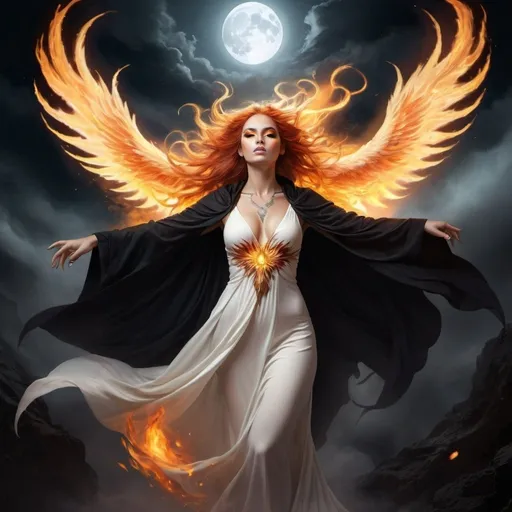 Prompt: Fantasy illustration of a beautiful woman in flames, hair glowing with golden and fiery hues, piercing golden eyes, flowing white dress and black cloak, adorned with a phoenix tattoo on arms, arms outstretched floating above an abyss, bathed in moonlight, high quality, fantasy, golden eyes, fiery hair, flowing dress, black cloak, phoenix tattoo, floating in air, moonlit abyss, mystical lighting