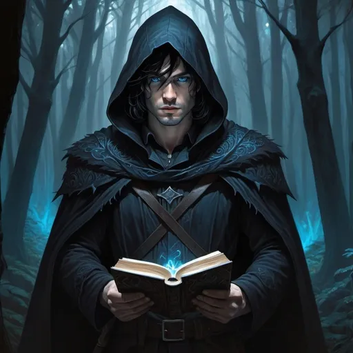 Prompt: Fantasy illustration of a MAN mysterious, very fair skin, CORVO, AZUL CELESTE eyes, straight black hair, dark cloak, wielding a LIVRO SOMBRIO and an axe, in a shadowy forest, high quality, fantasy style, detailed eyes, dark atmosphere, intricate details, dramatic lighting