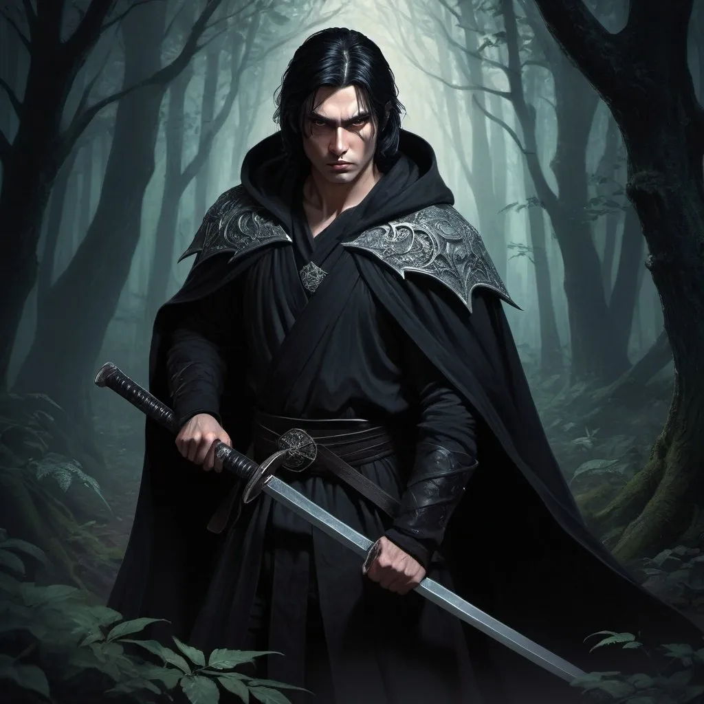 Prompt: Fantasy illustration of a MAN mysterious, very fair skin, silver CINTILANTE eyes, straight black hair, dark cloak, wielding a katana and an axe, in a shadowy forest, high quality, fantasy style, detailed eyes, dark atmosphere, intricate details, dramatic lighting