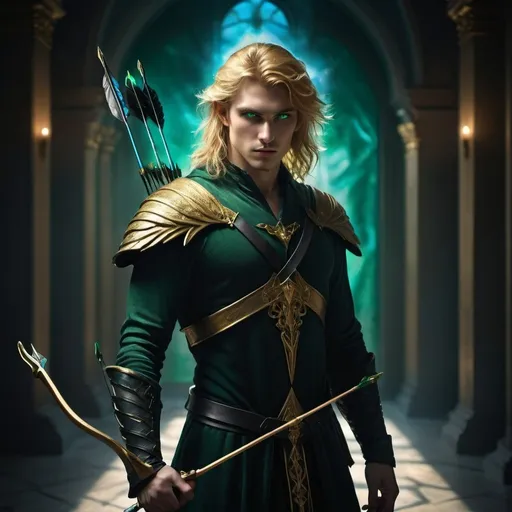 Prompt: Beautiful MAN with golden hair, piercing green eyes emitting a celestial blue light, dispelling shadows with black and gold attire, standing in an empty and somber room, with a bow and arrows, fantasy art, fantasy style, ethereal lighting, mystical atmosphere, shadows dispersed, highres, detailed hair, intense gaze, fantasy setting
