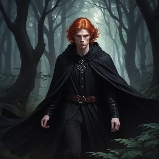 Prompt: Fantasy illustration of a GAROTO handsome redhead, flowing black cloak, LIBERANDO SOMBRAS NEGRAS POR SUAS MÃOS, in a shadowy forest, highres, detailed, fantasy, dark tones, mystical, detailed eyes, professional, atmospheric lighting