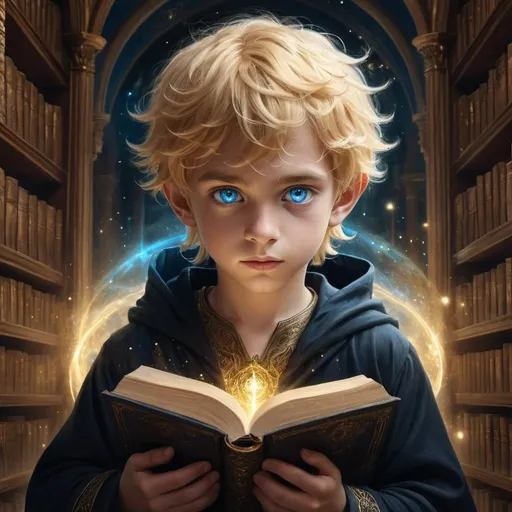 Prompt: Beautiful fantasy illustration of a young boy MEIO ELFO, celestial blue eyes, golden hair, black robes, in a magical library, high quality, fantasy, detailed eyes, celestial lighting, golden hair, magical robes, atmospheric setting